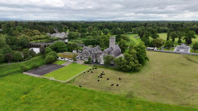 Drone shot of St. Nicholas Church of Ireland in Adare, Ireland