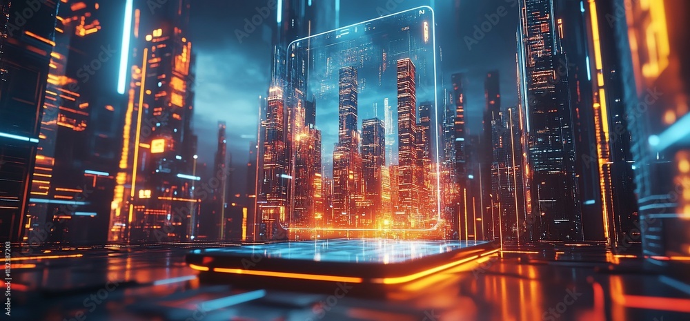 Poster futuristic cityscape featuring glowing structures and a digital interface.
