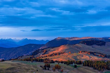 Fototapeta premium Panoramic view of the Dolomites at sunrise, Italy.