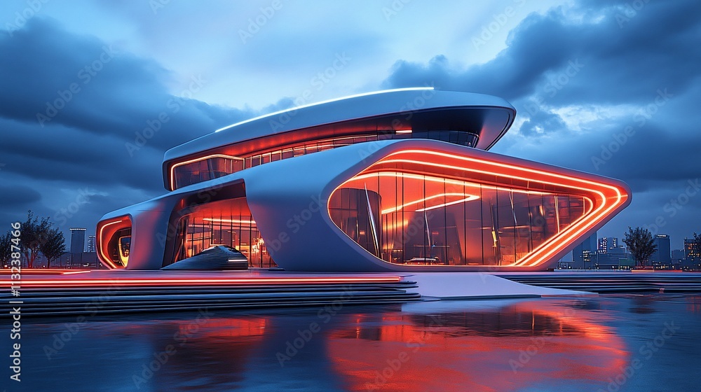 Poster futuristic building with sleek lines and vibrant lighting against a cloudy sky.