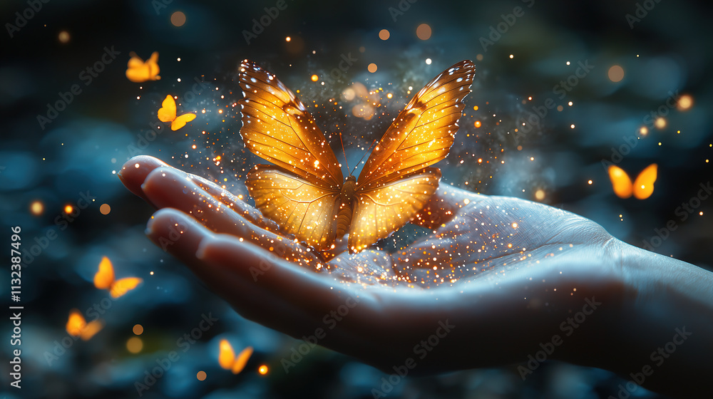 Poster butterfly resting on an open hand surrounded by glowing sparkles and smaller butterflies in a mystic