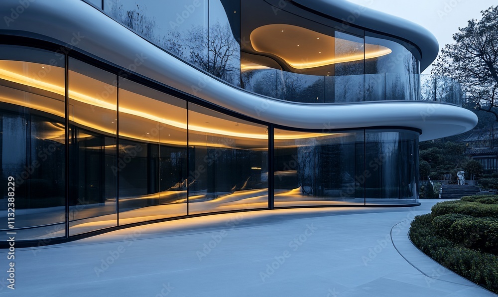 Poster modern architectural design featuring sleek curves and illuminated glass.