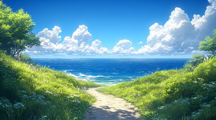 Naklejka premium Sunny Coastal Path Leading to a Serene Ocean View
