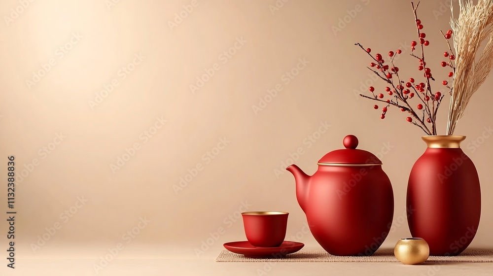 Poster elegant and tranquil minimalist chinese tea set in muted red and gold tones arranged on a neutral be