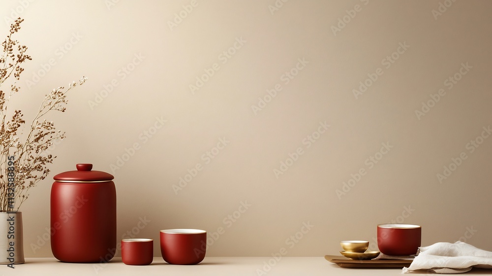 Poster elegant minimalist chinese tea set in matte red and gold colors placed on a neutral beige background