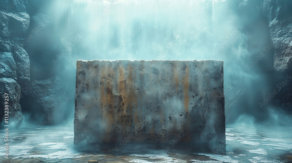 Poster mystical stone block in a foggy waterfall setting with dramatic light and rich textures. generative 