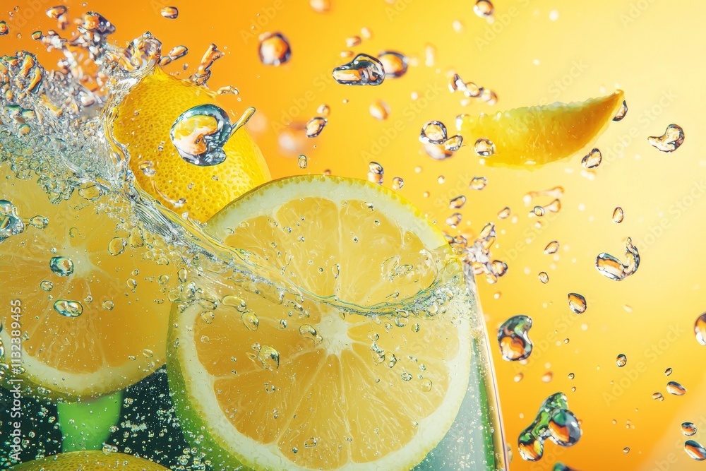Poster fresh lemon slices splashing into a sparkling drink, creating a refreshing and vibrant summer mood.