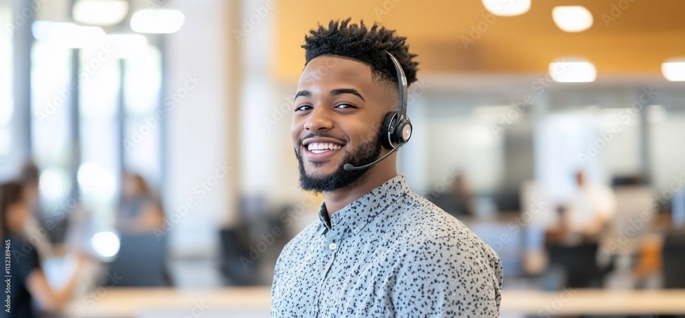Aufkleber smiling man in a headset working in a modern office environment.