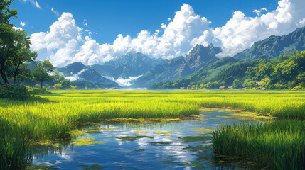 Fototapeta premium Serene Landscape Featuring Rice Paddies and Majestic Mountains