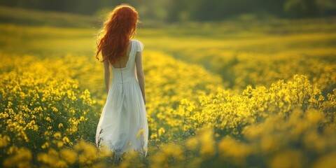 Fototapeta premium Redhead girl in a white dress surrounded by a vibrant rapeseed field, capturing the essence of a serene moment in nature with the beauty of the redhead girl standing amidst the blooming flowers.