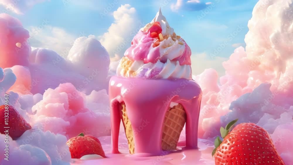 Poster a strawberry ice cream cone melts amidst pink clouds and floating strawberries, creating a whimsical
