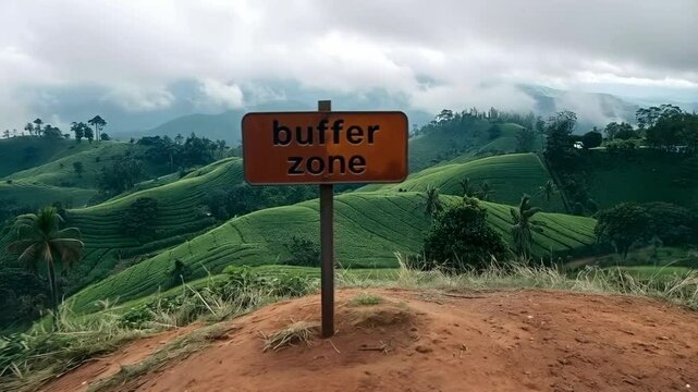 Buffer zone sign at the edge of the sprawling green tea fields in Munnar, India
