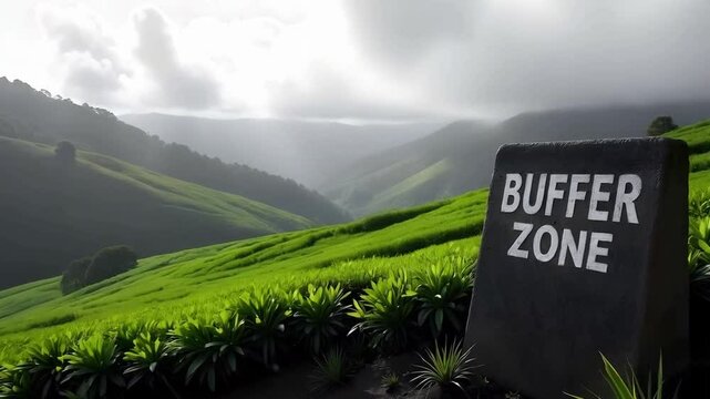 Buffer zone sign perched above the lush green tea plantations in Munnar, India