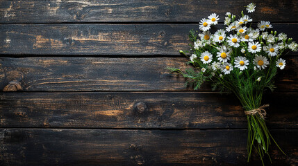 Obraz premium Beautiful bouquet of daisies placed on rustic wooden table during daylight. Generative AI