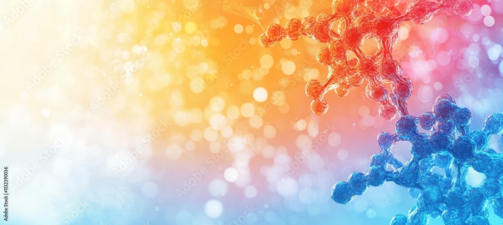 Poster abstract transformation 3d render of a microscopic structure shifting from warm to cool tones