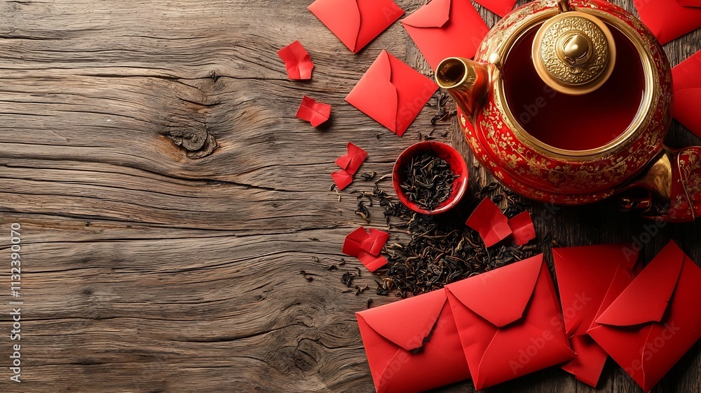 Poster vibrant red and gold tea set arrangement placed on a rustic wooden table surrounded by festive red e