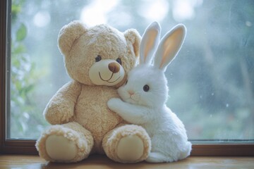 Fototapeta premium A teddy bear and a rabbit are sitting together, looking at the camera