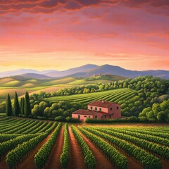 Fototapeta premium A picturesque sunset over rolling vineyards with a charming farmhouse in the foreground, capturing tranquil rural beauty.