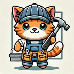 Fototapeta premium Cute Cat Handyman Holding Hammer Cartoon Vector Icon Illustration