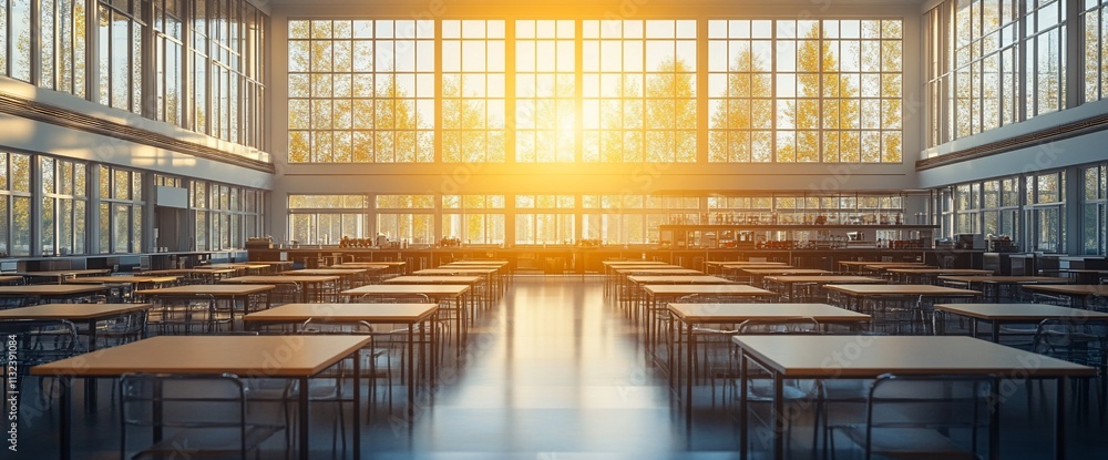 Poster spacious classroom with large windows and sunlight streaming in.