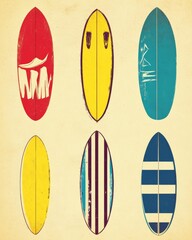 A vibrant collection of six surfboards in various colors and designs, evoking a fun beach lifestyle.