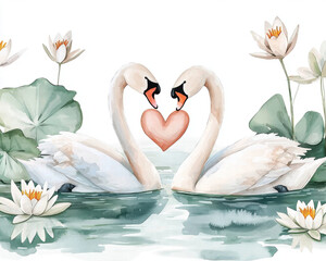 Obraz premium Swan couple forming heart shape, surrounded by water lilies and leaves