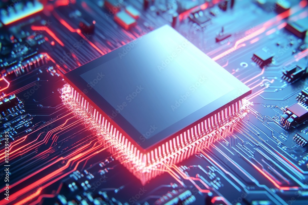 Poster close-up of a microprocessor on a circuit board, showcasing intricate circuitry and vibrant red high