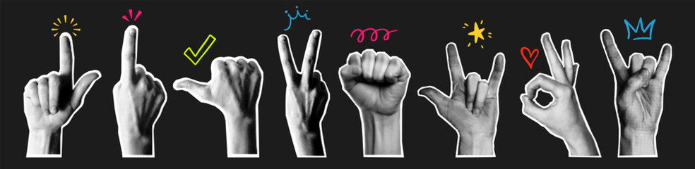 Retro y2k dotted halftone human hand collage, comic sticker with torn paper, grunge cutout element and dot arm with crown, doodle arrow sign and star icon in different gesture and pop art style. Thumb