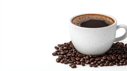 Fototapeta premium A cup of coffee surrounded by coffee beans on a white background.