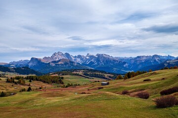View of the Seiser Alm, the largest high alpine pasture in Europe in Italy.