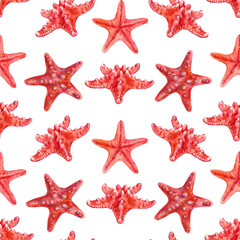 Pattern of starfish from the series sea creatures underwater world in watercolor. Asterias Rubens in reddish with a central disk and five arms. The common Starfish, common Sea Star or Sugar Starfish