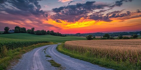Breathtaking sunset over rural farmland with vibrant colors, showcasing the beauty of nature and the serene landscape of fields at dusk. Experience the tranquility of the sunset and rural scenery.