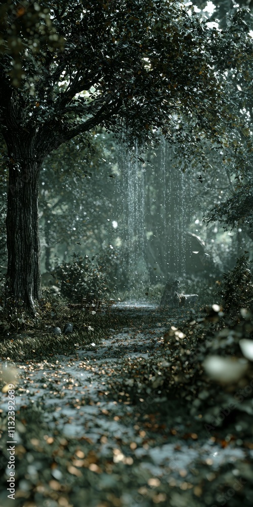 Poster enchanted forest scene with lush greenery and soft falling leaves, creating a serene and magical atm