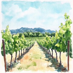 Naklejka premium A serene vineyard scene showcasing lush green vines stretching towards distant mountains under a clear blue sky.