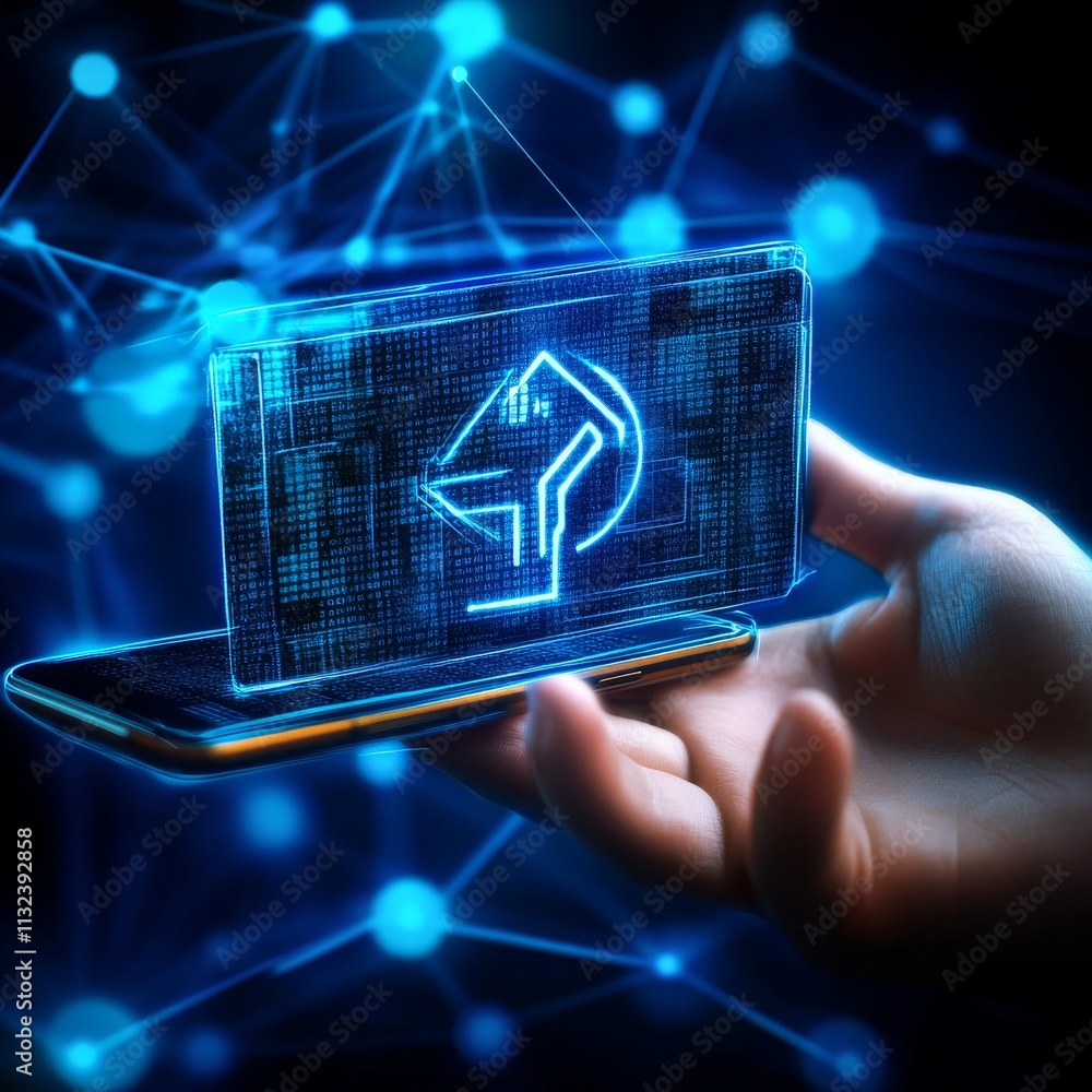 Poster a futuristic hand holding a glowing smartphone displaying a digital interface with abstract connecti