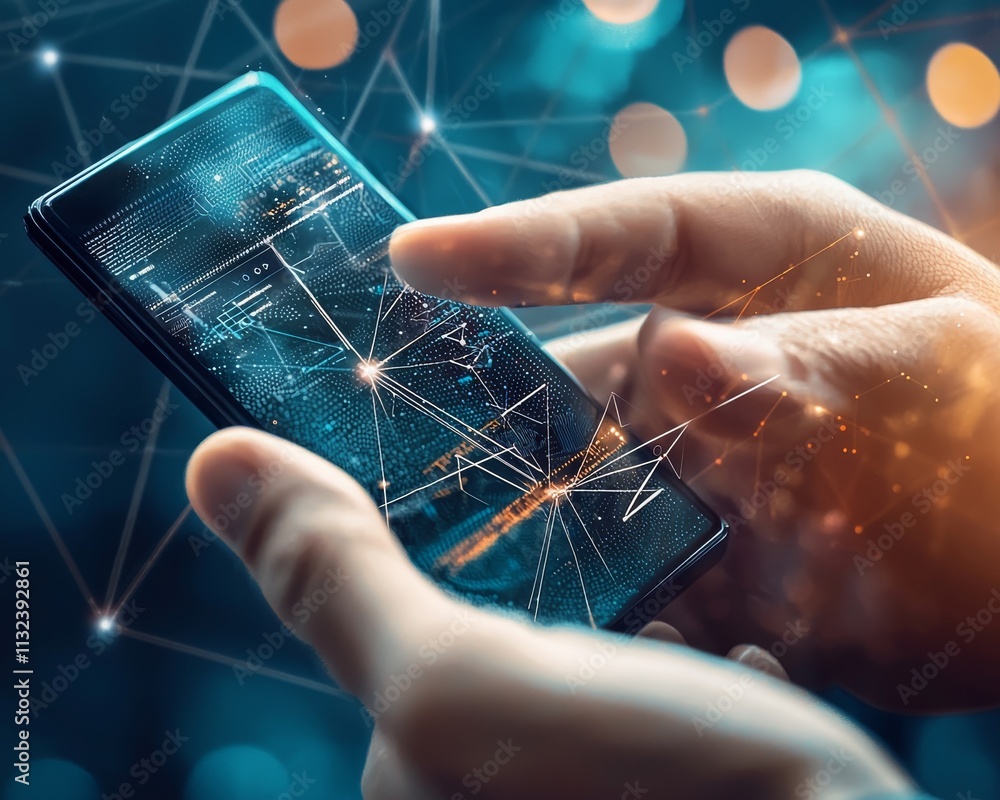 Poster a close-up of a person's hand, focusing on a smartphone displaying digital data and analytics, showc