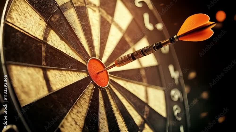 Poster a dart with an orange flight hits the bullseye of a dartboard, symbolizing accuracy, precision, and 