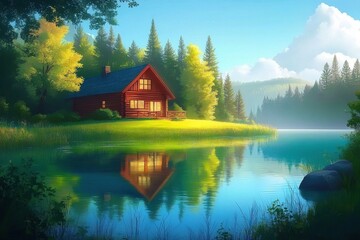 Fototapeta premium Peaceful Cabin Lodge Surrounded by Nature 