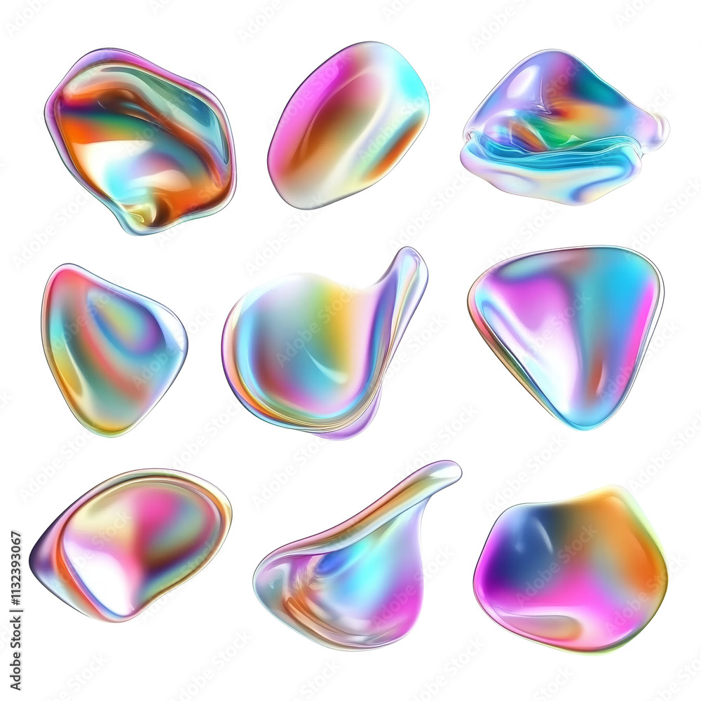 Poster 3D Set of Abstract Gradient Shapes with Holographic Fluid Effect on transparent Background
