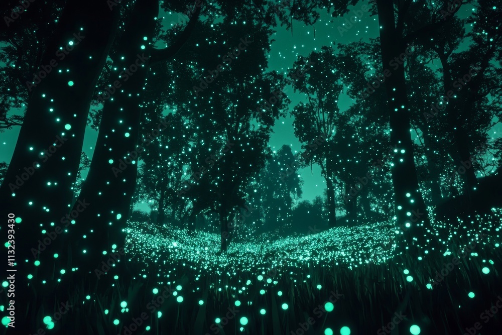 Poster a mystical forest glowing with ethereal blue lights, creating a serene and enchanting atmosphere.