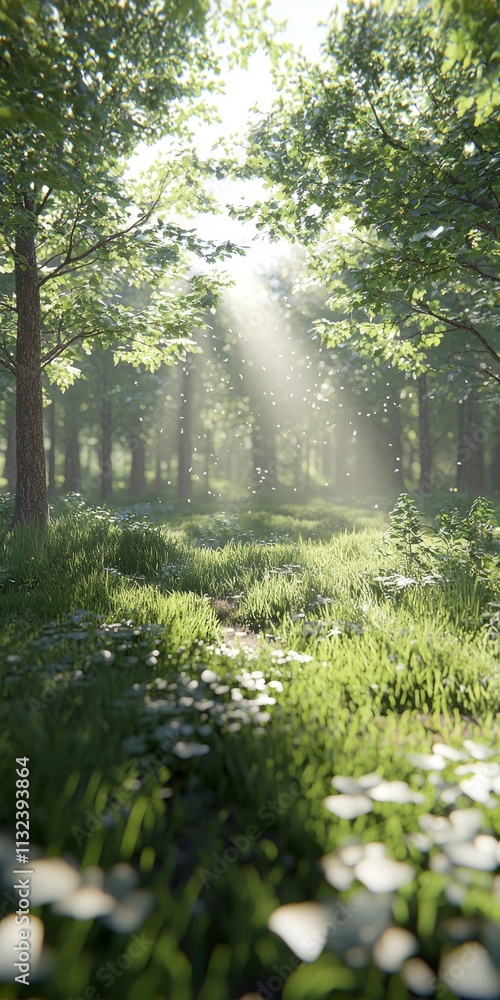 Poster a serene forest scene with soft sunlight filtering through lush green trees, creating a tranquil atm