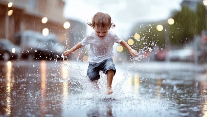 Child joyfully splashing in puddles during a rain shower.