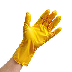 one hand in yellow rubber gloves on a transparent background. latex yellow gloves for cleaning are put on the hand in PNG format