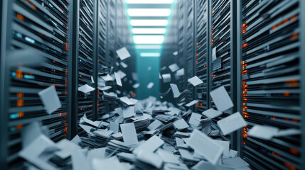 Digital data chaos in server room with falling documents and packets