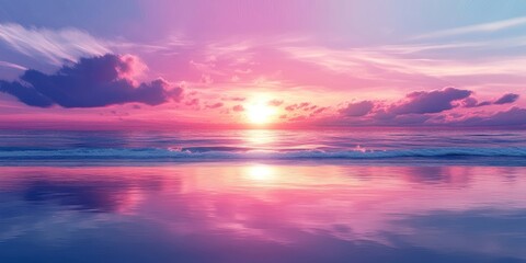 Fototapeta premium Beautiful beach sunset background featuring vibrant colors reflecting over the calm ocean. A serene beach sunset background captures the essence of tranquility by the ocean.