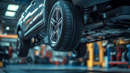 Fototapeta premium SUV tire rotation in progress. Vehicle on hydraulic lift, showcasing tire and suspension. Automotive maintenance.