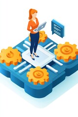 A female professional with red hair stands on a circuit board, engaged with technology using a laptop.