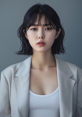 Fototapeta premium Portrait of a beautiful asian korean woman with a short hair in a grey suit. fashion model