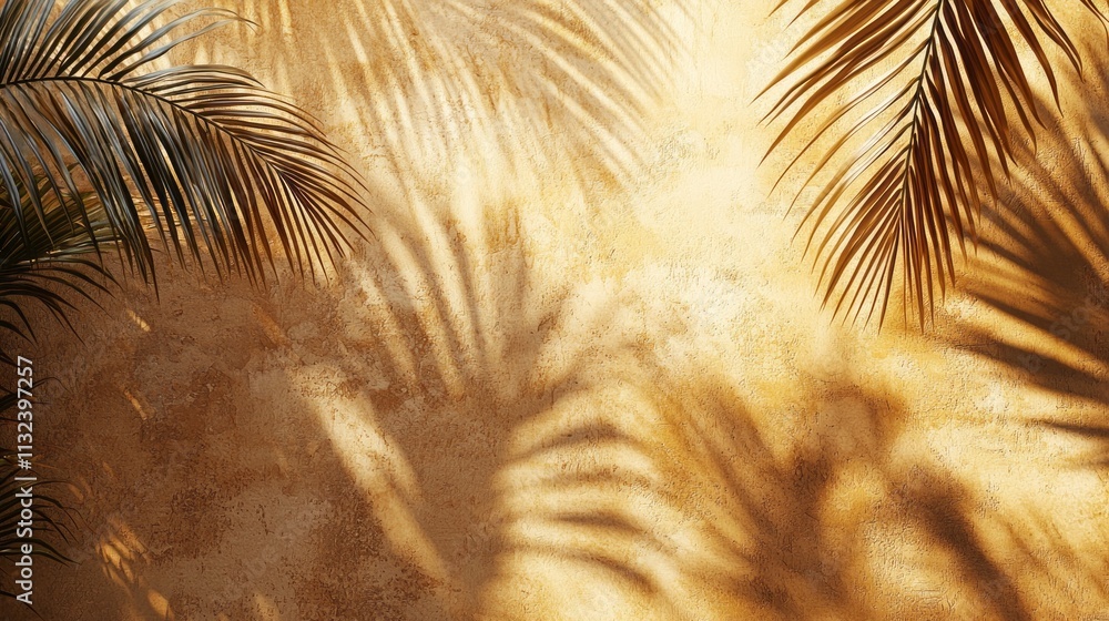 Poster Intricate shadows of palm leaves weave across a sunlit wall, casting captivating patterns in a golden hue. This tranquil moment evokes a sense of calm and connection to nature