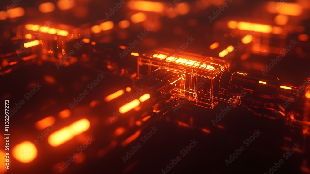 Poster intricate network of glowing orange cubes, a mesmerizing 3d visualization of interconnected systems.